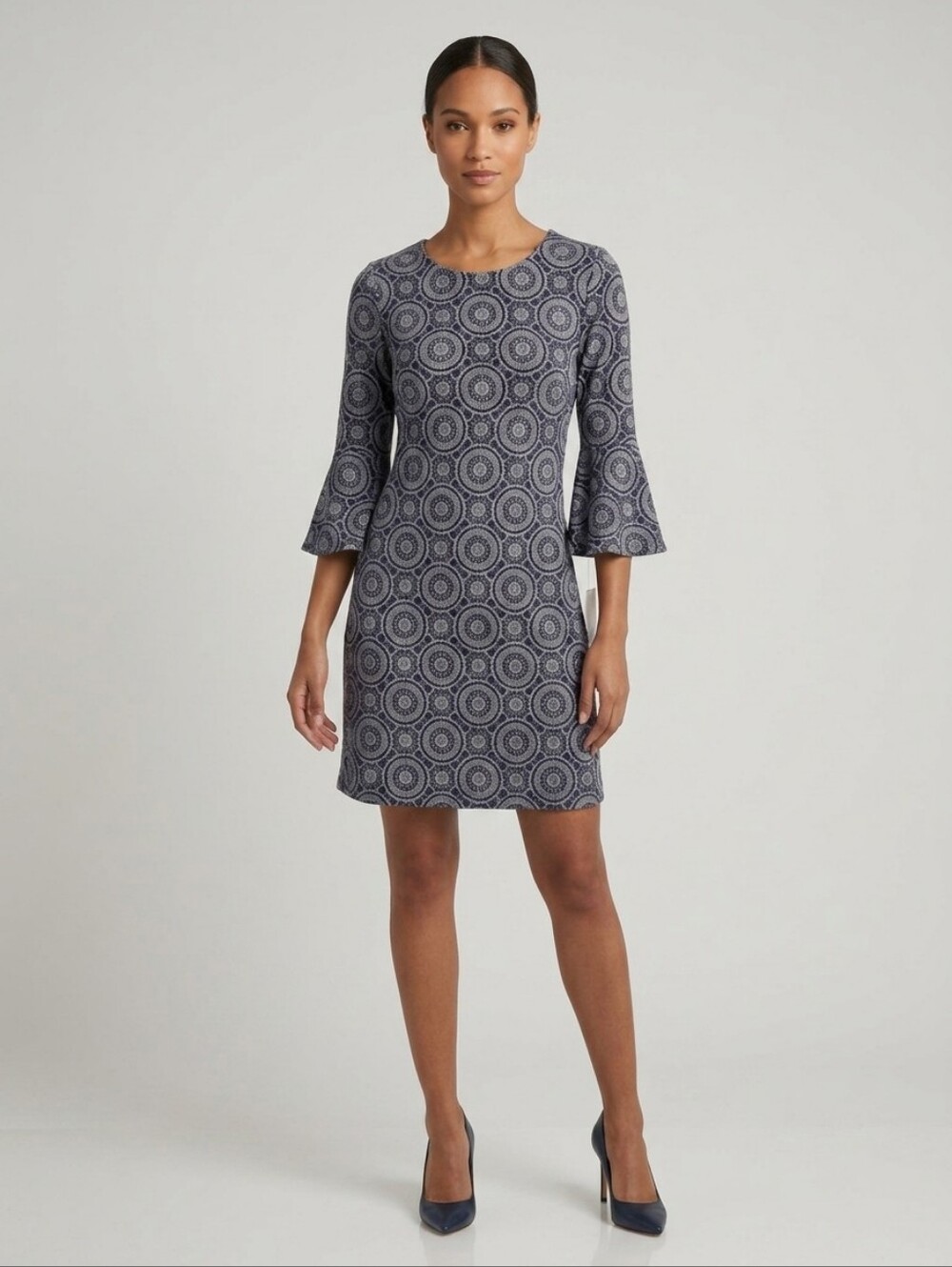 New Boho Women's Navy and White Patterned Shift Elbow Bell Sleeves Dress Small P